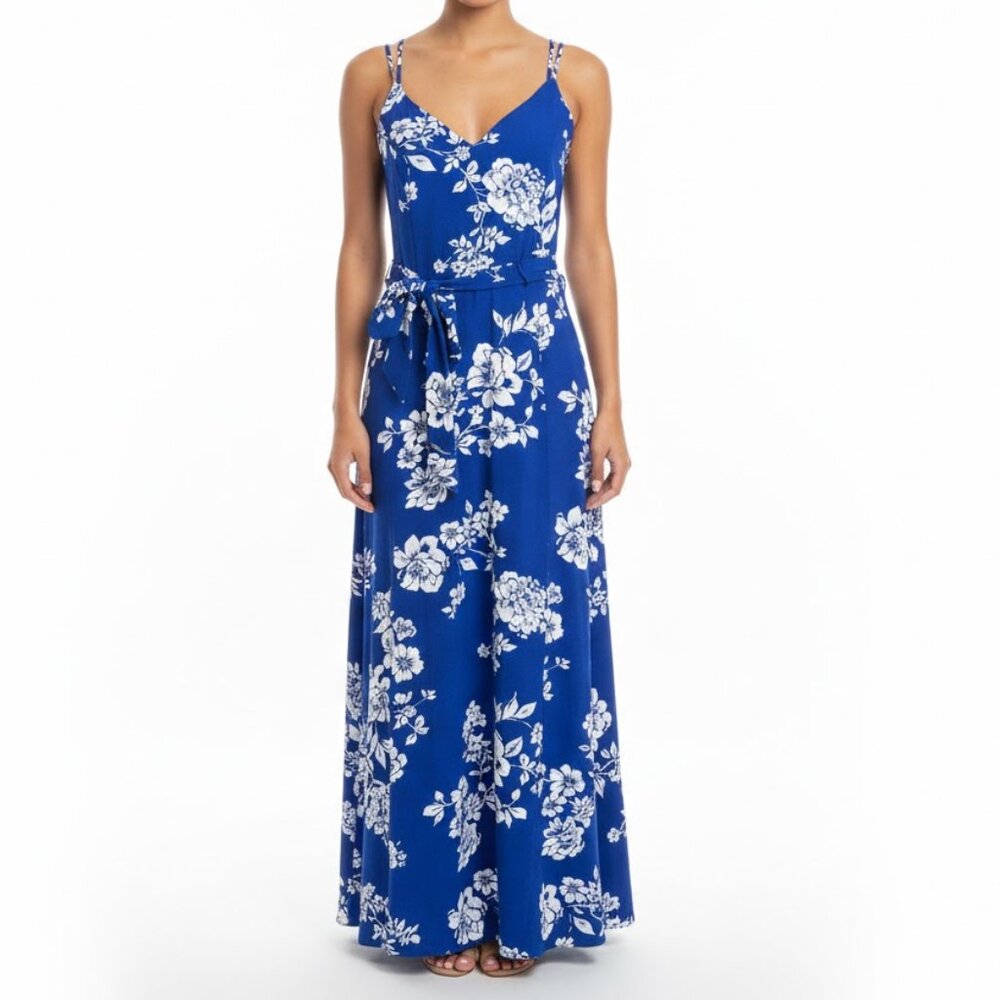 Rebecca B. Blue Floral Maxi Dress – Criss Cross Back & Tie Waist – Size 10